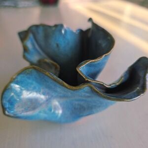 Vintage Blue Ceramic Ruffle Bowl Small Handmade Pottery Vase Trinket Dish